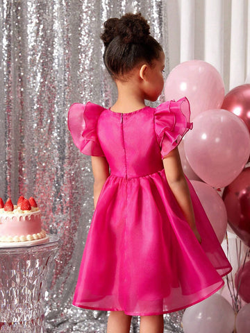 Young Girl Solid Color Organza Cap Sleeve Casual Dress