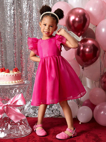 Young Girl Solid Color Organza Cap Sleeve Casual Dress