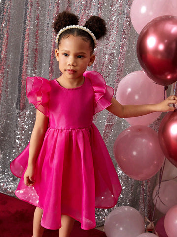 Young Girl Solid Color Organza Cap Sleeve Casual Dress