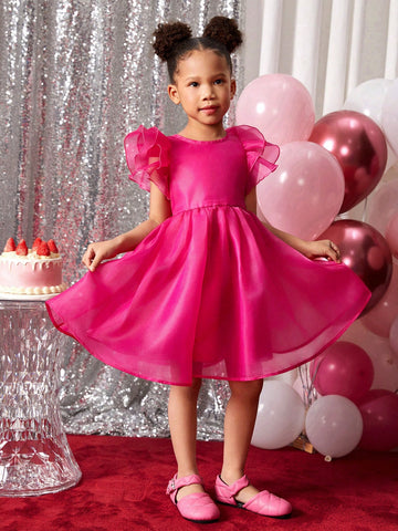 Young Girl Solid Color Organza Cap Sleeve Casual Dress