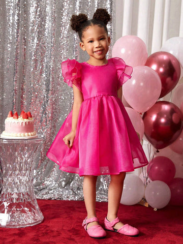 Young Girl Solid Color Organza Cap Sleeve Casual Dress