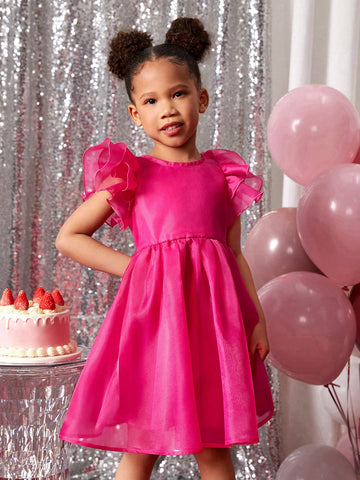 Young Girl Solid Color Organza Cap Sleeve Casual Dress