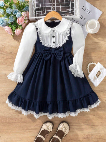 Young Girl' Solid Color Patchwork Button Front Long Sleeve Casual Dress