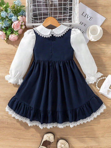 Young Girl' Solid Color Patchwork Button Front Long Sleeve Casual Dress