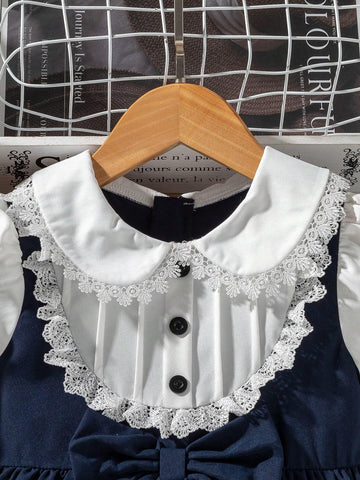 Young Girl' Solid Color Patchwork Button Front Long Sleeve Casual Dress