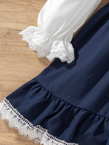 Young Girl' Solid Color Patchwork Button Front Long Sleeve Casual Dress