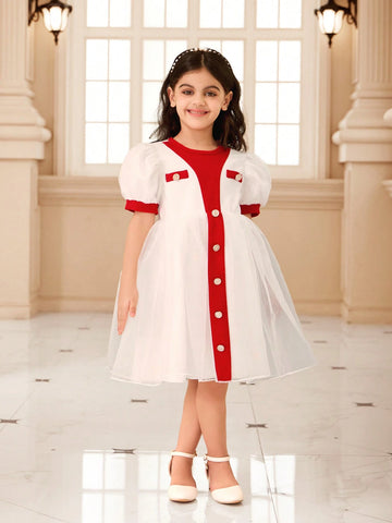 Young Girl Solid Color Patchwork Front Button Simple Casual Short Sleeve Dress