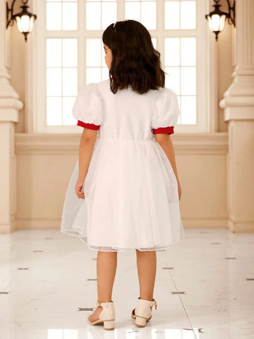 Young Girl Solid Color Patchwork Front Button Simple Casual Short Sleeve Dress