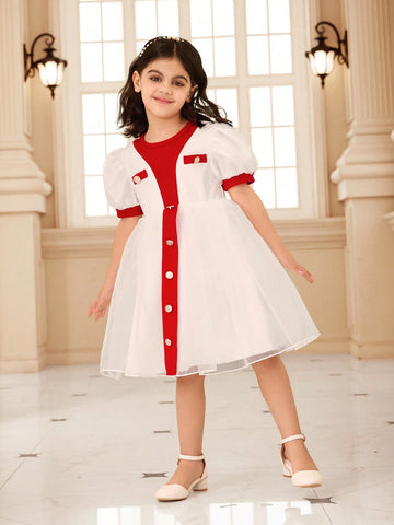 Young Girl Solid Color Patchwork Front Button Simple Casual Short Sleeve Dress