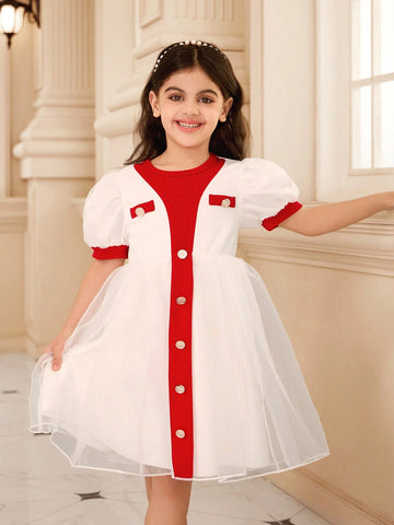 Young Girl Solid Color Patchwork Front Button Simple Casual Short Sleeve Dress