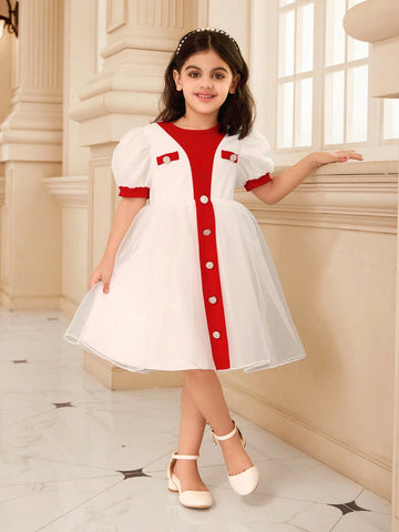 Young Girl Solid Color Patchwork Front Button Simple Casual Short Sleeve Dress