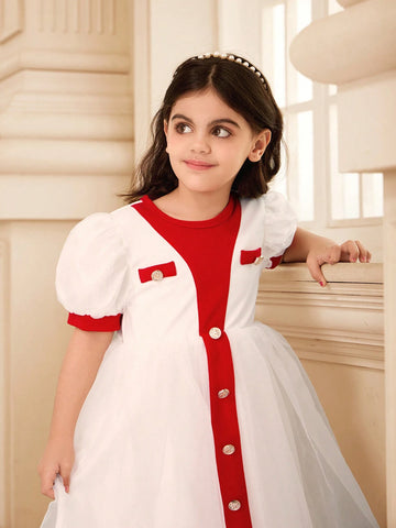 Young Girl Solid Color Patchwork Front Button Simple Casual Short Sleeve Dress