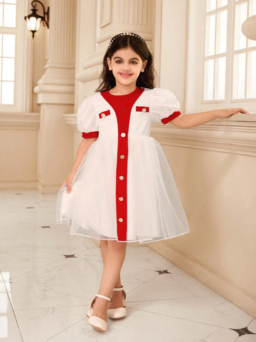 Young Girl Solid Color Patchwork Front Button Simple Casual Short Sleeve Dress