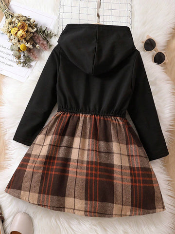 Young Girl Solid Color Patchwork Long Sleeve Casual Hooded Dress