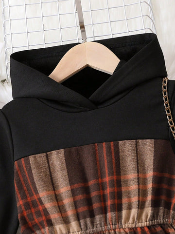 Young Girl Solid Color Patchwork Long Sleeve Casual Hooded Dress