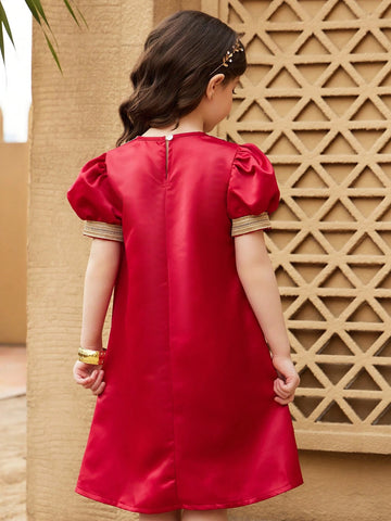 Young Girl Solid Color Patchwork Round Neck Short Sleeve Dress
