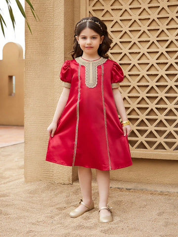 Young Girl Solid Color Patchwork Round Neck Short Sleeve Dress