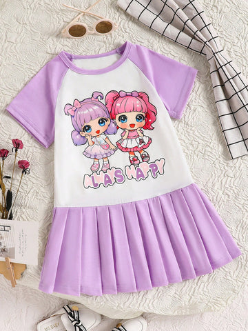 Young Girl Solid Color Patchwork Round Neck Short Sleeve Printed Casual Dress