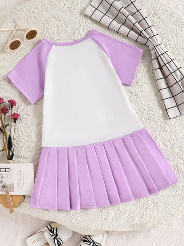 Young Girl Solid Color Patchwork Round Neck Short Sleeve Printed Casual Dress