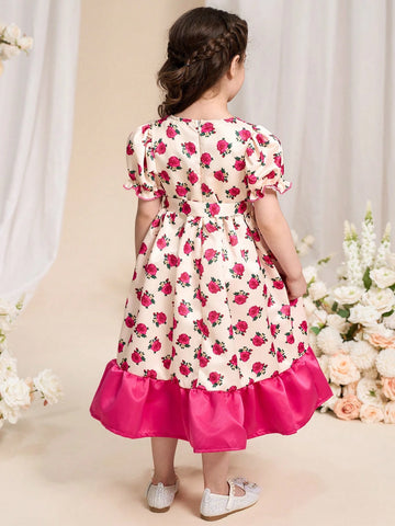 Young Girl Solid Color Patchwork Round Neck Short Sleeve Simple Casual Dress