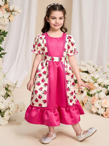 Young Girl Solid Color Patchwork Round Neck Short Sleeve Simple Casual Dress