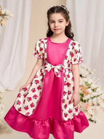 Young Girl Solid Color Patchwork Round Neck Short Sleeve Simple Casual Dress