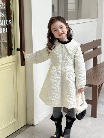 Young Girl Solid Color Peter Pan Collar Long Sleeve Dress