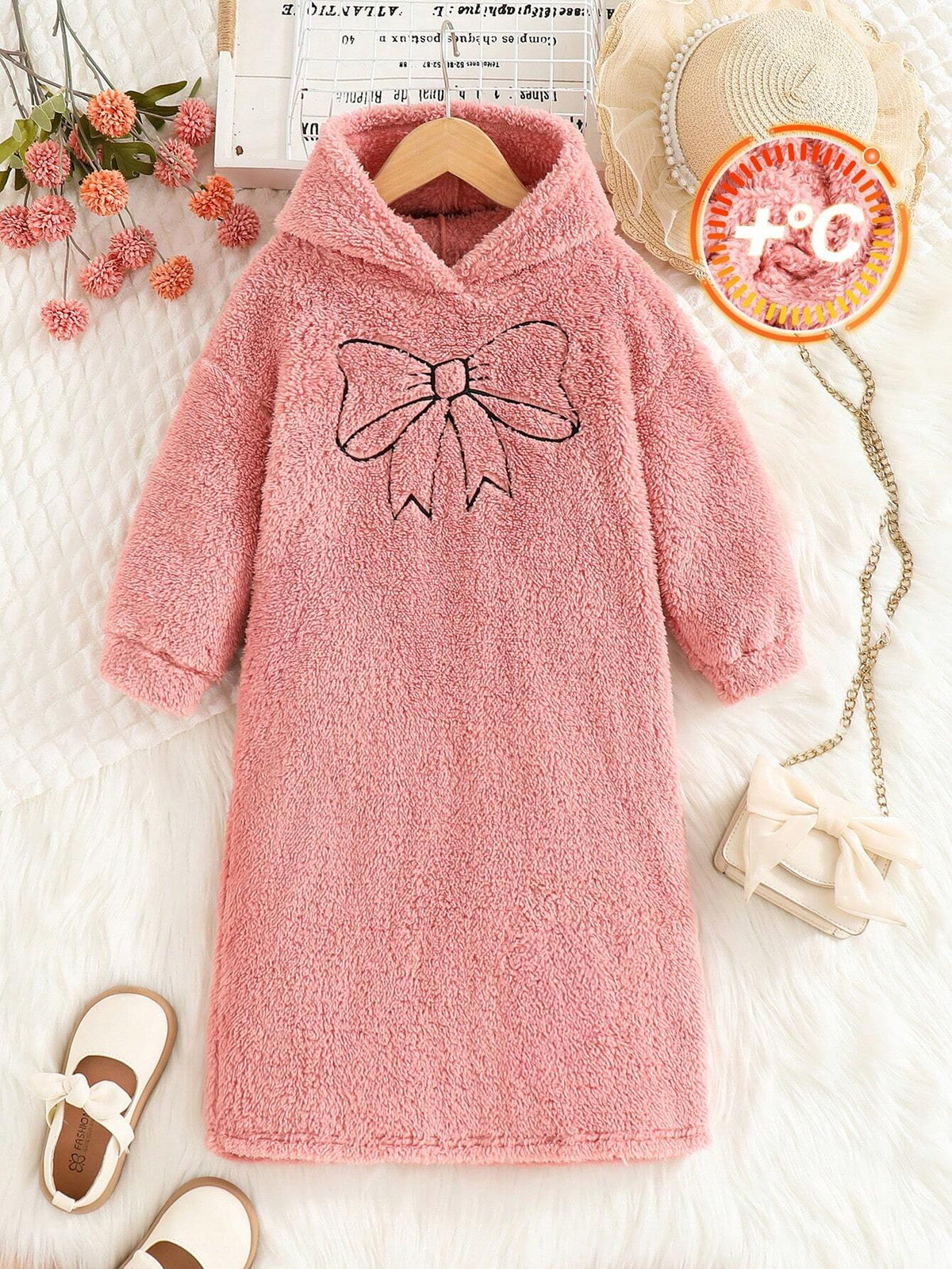 Young Girl Solid Color Plush Bowknot Embroidered Hooded Loose Casual Dress
