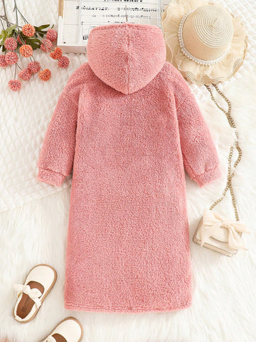 Young Girl Solid Color Plush Bowknot Embroidered Hooded Loose Casual Dress