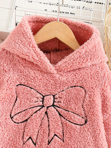 Young Girl Solid Color Plush Bowknot Embroidered Hooded Loose Casual Dress