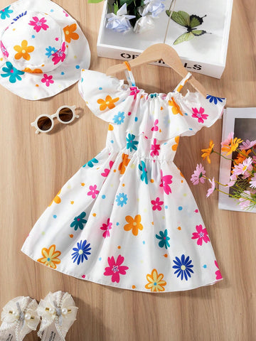 Young Girl Solid Color Random Ditsy Print Dress With Hat & Suspenders