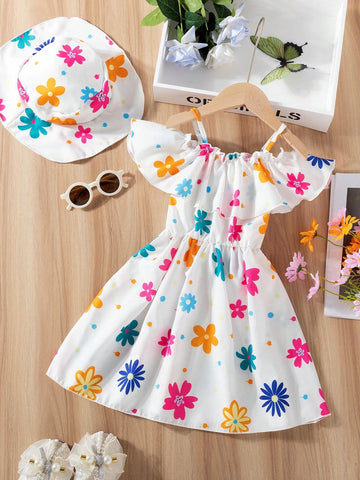 Young Girl Solid Color Random Ditsy Print Dress With Hat & Suspenders