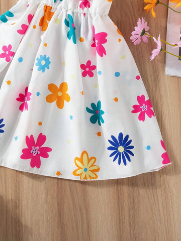 Young Girl Solid Color Random Ditsy Print Dress With Hat & Suspenders