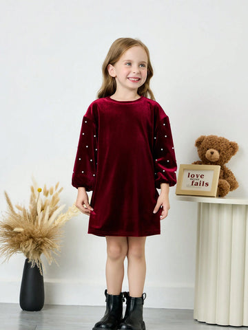 Young Girl Solid Color Rhinestone Decor Knit Casual Round Neck Dress