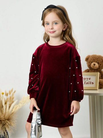 Young Girl Solid Color Rhinestone Decor Knit Casual Round Neck Dress