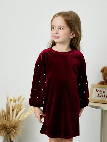 Young Girl Solid Color Rhinestone Decor Knit Casual Round Neck Dress