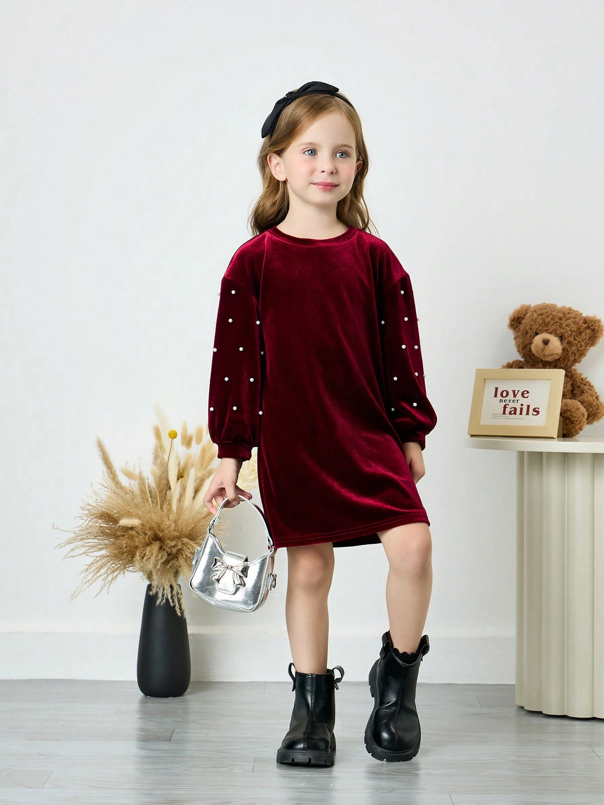 Young Girl Solid Color Rhinestone Decor Knit Casual Round Neck Dress