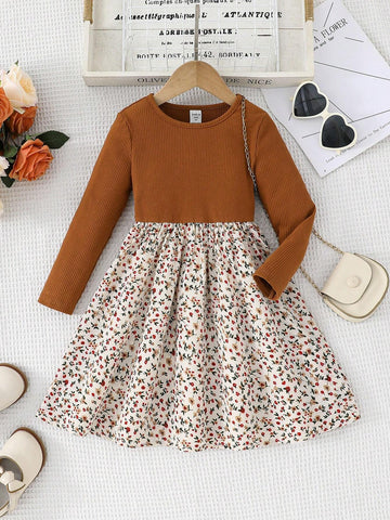 Young Girl Solid Color Round Collar Patchwork Ditsy Floral Casual Shift Dress