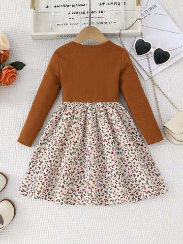 Young Girl Solid Color Round Collar Patchwork Ditsy Floral Casual Shift Dress