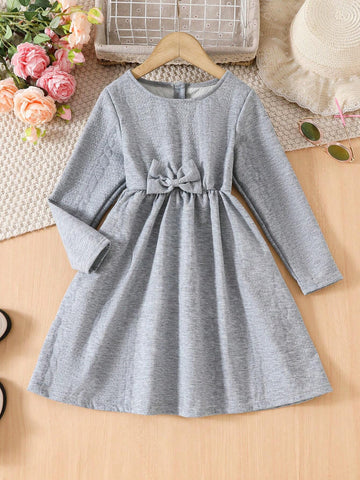 Young Girl Solid Color Round Neck Bow Decorated Cute Long Sleeve Dress, Autumn