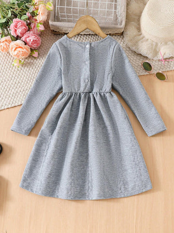 Young Girl Solid Color Round Neck Bow Decorated Cute Long Sleeve Dress, Autumn