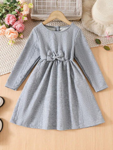 Young Girl Solid Color Round Neck Bow Decorated Cute Long Sleeve Dress, Autumn