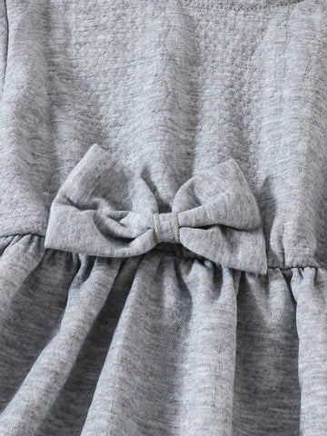 Young Girl Solid Color Round Neck Bow Decorated Cute Long Sleeve Dress, Autumn