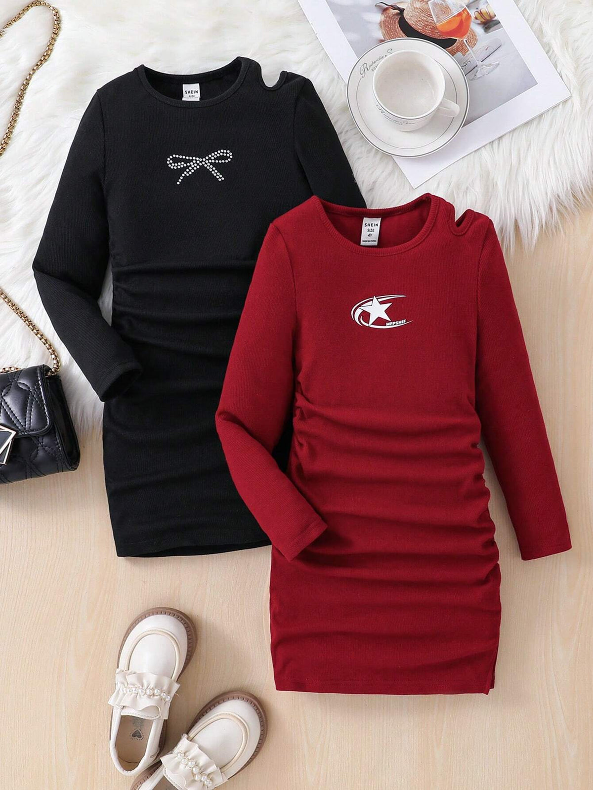 Young Girl Solid Color Round Neck Cold Shoulder Bodycon Casual Sweater Dress