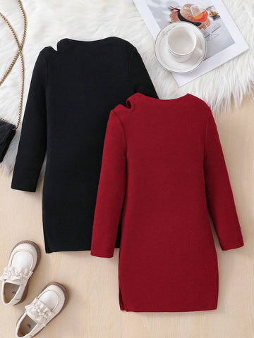 Young Girl Solid Color Round Neck Cold Shoulder Bodycon Casual Sweater Dress