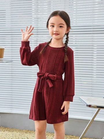 Young Girl Solid Color Round Neck Fitted Casual Knit Dress