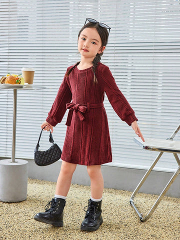 Young Girl Solid Color Round Neck Fitted Casual Knit Dress