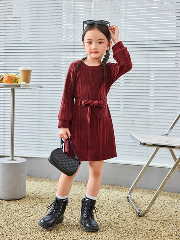 Young Girl Solid Color Round Neck Fitted Casual Knit Dress