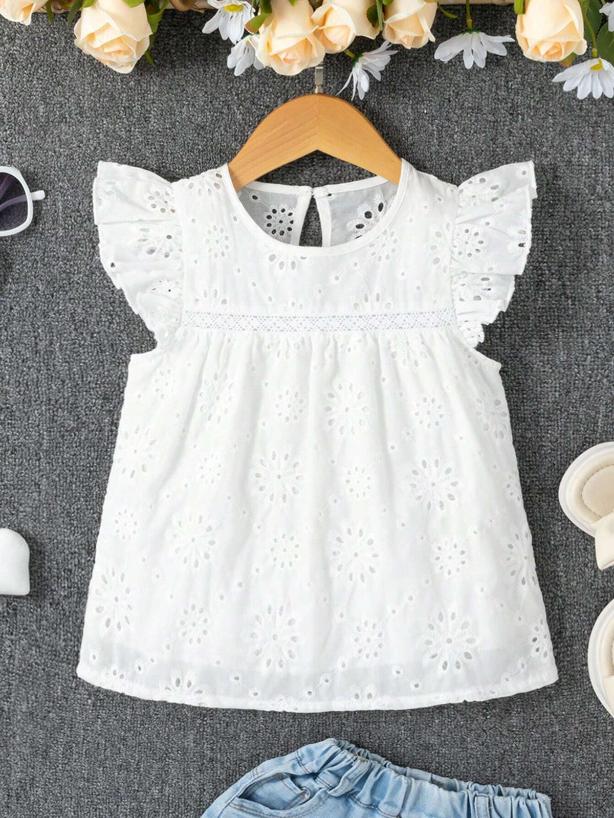 Young Girl Solid Color Round Neck Flying Sleeve Burnout Shirt