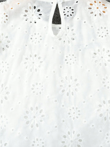 Young Girl Solid Color Round Neck Flying Sleeve Burnout Shirt
